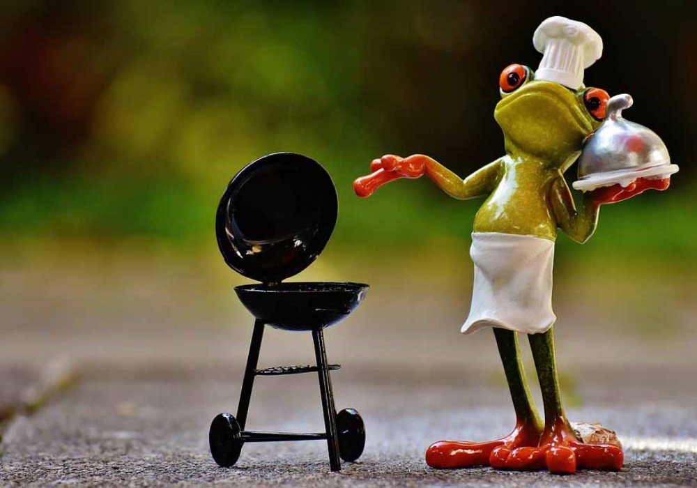 Rana chef con cappello e grembiule bianco, tiene un vassoio d'argento, accanto a un piccolo barbecue nero.