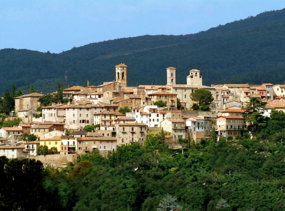 Borgo medievale italiano su una collina verdeggiante, con case in pietra e torri, sotto un cielo azzurro.