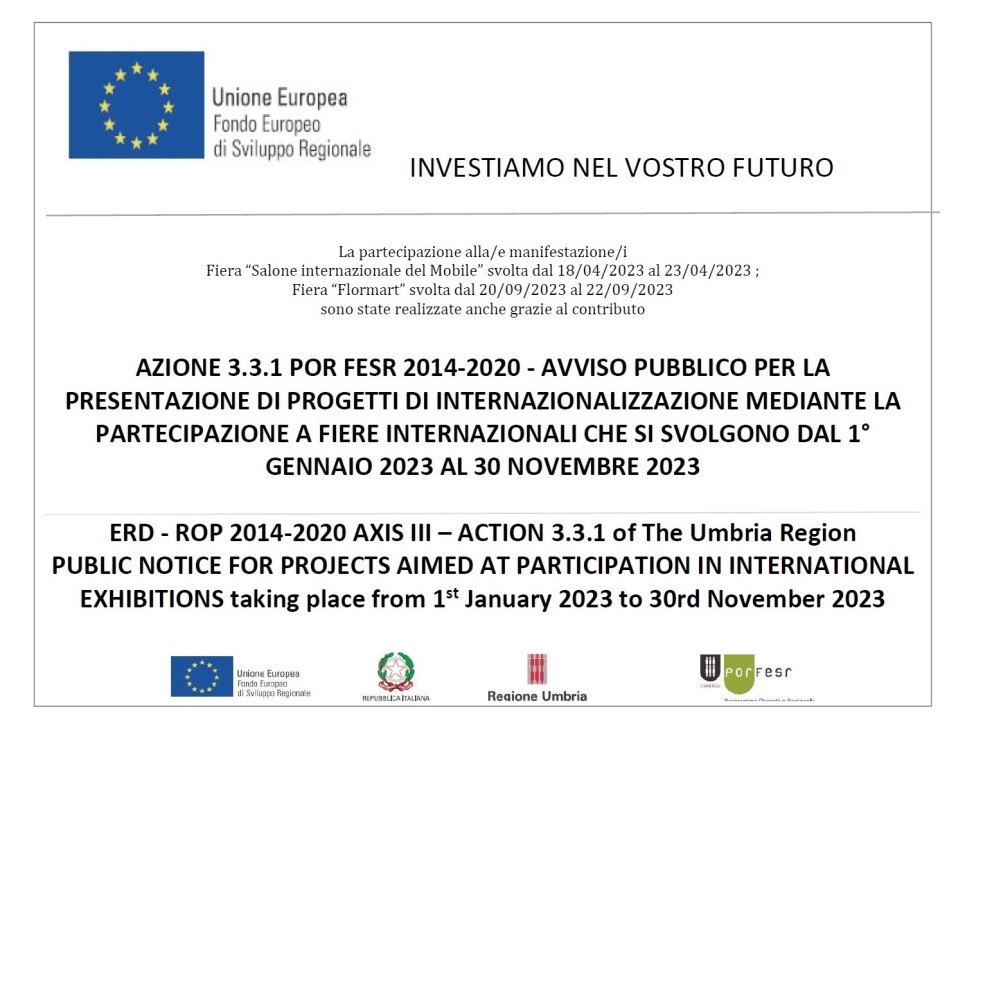 Avviso pubblico FESR 2014-2020 per progetti di internazionalizzazione tramite fiere, con loghi UE e Regione Umbria.