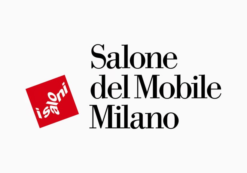 Logo Salone del Mobile Milano, sfondo bianco, testo nero "Salone del Mobile Milano", quadrato rosso "iSaloni".