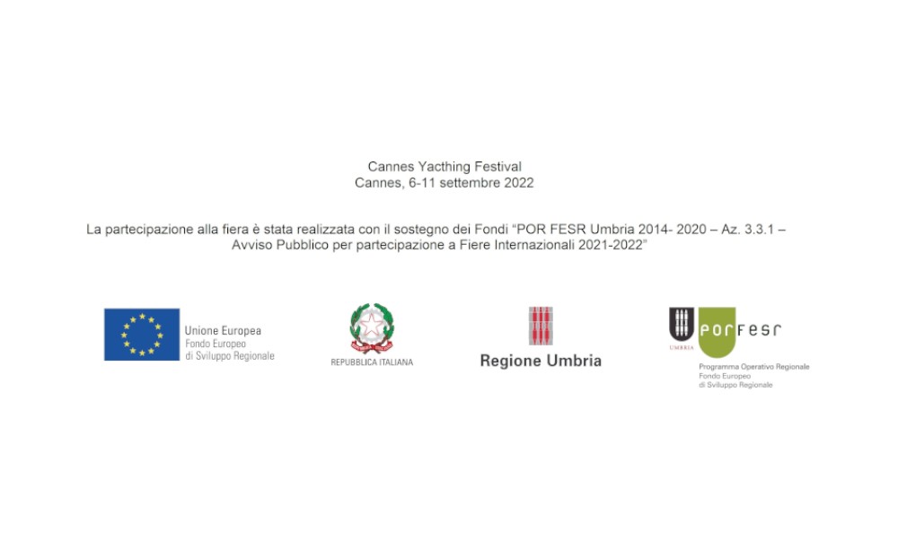 Testo: Cannes Yachting Festival 2022, partecipazione supportata da fondi FESR Umbria e Unione Europea.