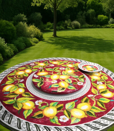 Tavolo in pietra lavica rotondo Ø150 cm Limoni fascia rossa da giardino